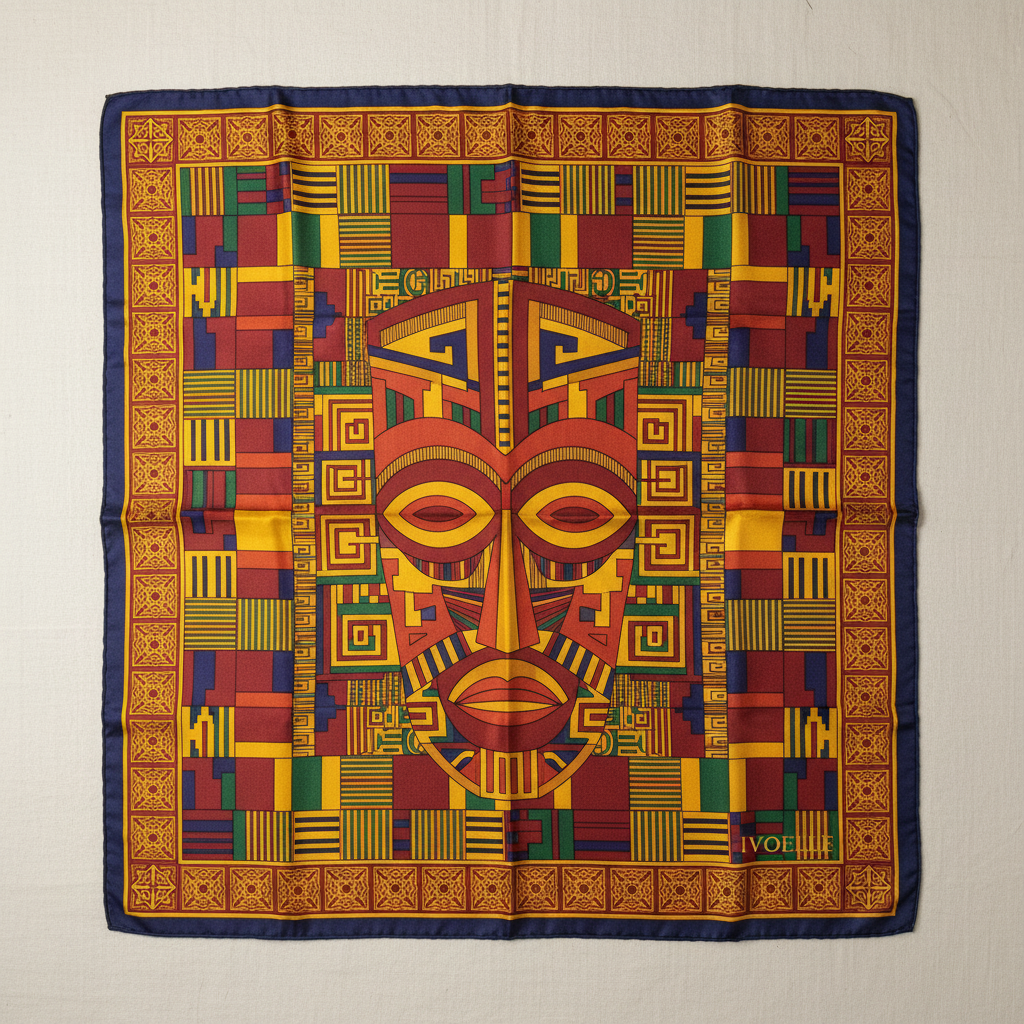 Akissi silk scarf, multicolour mask design with indigo edge, laid flat