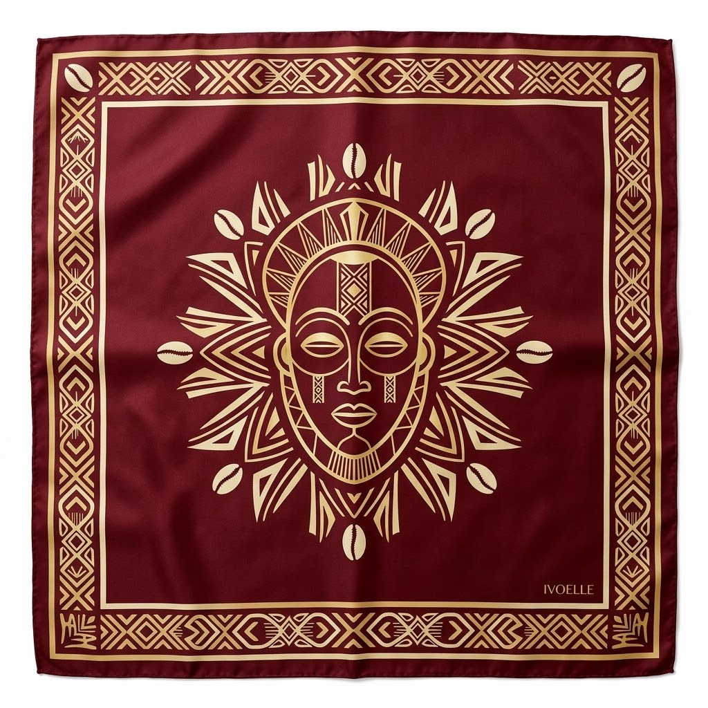 La Belle silk scarf, bordeaux and gold Baoulé mask design, laid flat